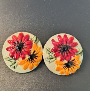 Set of Floral Post Pierced Earrings 3D Round  Plastic Acrylic Handmade